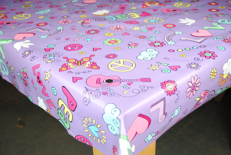 Love Peace Hearts Butterfly Lilac Multi PVC Tablecloth 20 Metres Roll