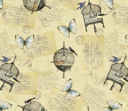 Bird Cage and Butterfly beige  PVC Vinyl Tablecloth 20 Metres x 140cm