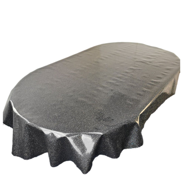 Oval Black Glitter Wipe Clean PVC Vinyl Tablecloth 200cm x 140cm