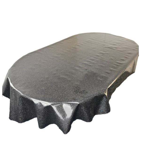 Oval Black Glitter Wipe Clean PVC Vinyl Tablecloth 180cm x 140cm