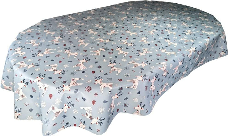 Oval Scandi Reindeer Blue Wipe Clean PVC Vinyl Tablecloth 250cm x 140cm