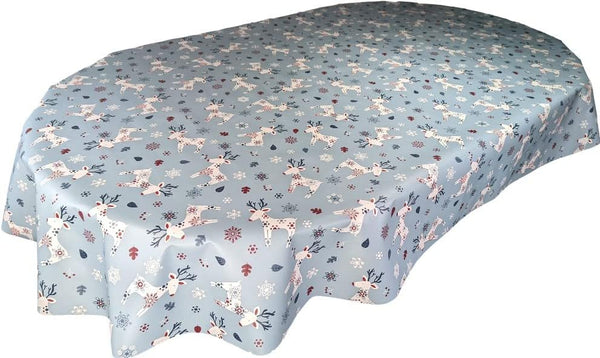 Oval Scandi Reindeer Blue Wipe Clean PVC Vinyl Tablecloth 200cm x 140cm