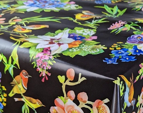 Bright Birds on Black  PVC Vinyl Wipe Clean Tablecloth OVAL 220cm x 140cm