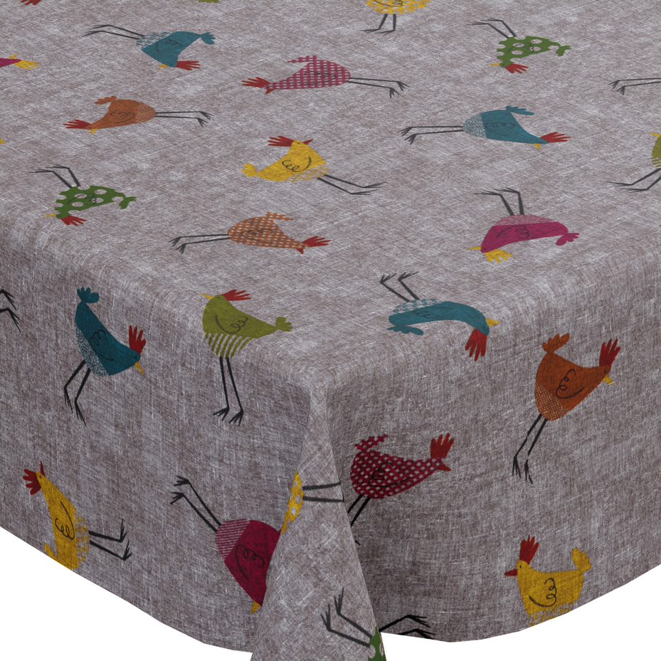 Birds Chickens Grey Linen Look PVC Vinyl Wipe Clean Tablecloth 120cm x