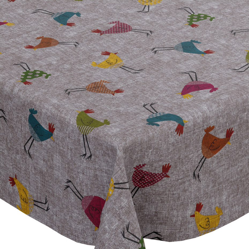 Birds Chickens Grey Linen Look PVC Vinyl Wipe Clean Tablecloth  180cm x 140cm Warehouse Clearance