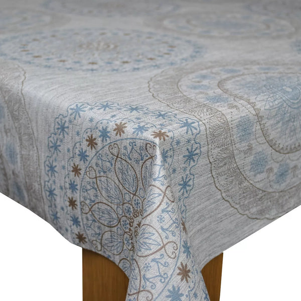 Cairo Mandala Circles Blue and Grey PVC Vinyl Wipe Clean Tablecloth  120cm x 140cm Warehouse Clearance