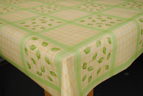 Cream and Green Check with Leaves PVC Vinyl Tablecloth 20 Metres Roll