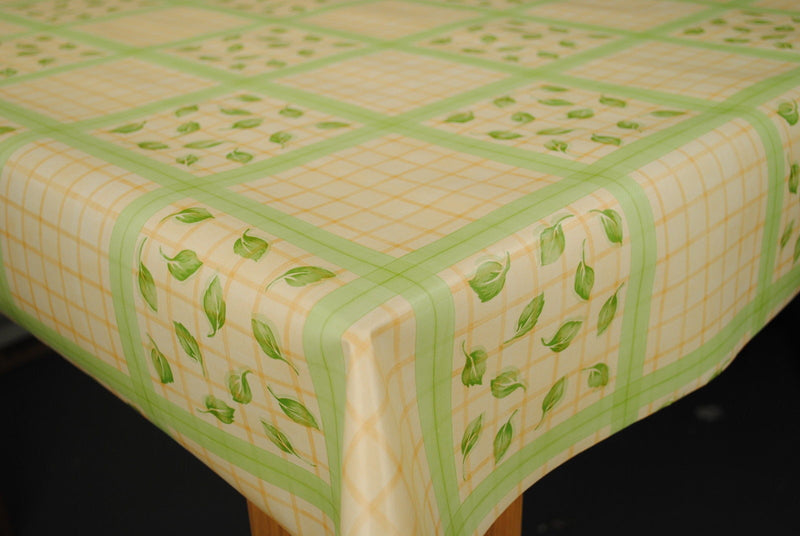 Cream and Green Check with Leaves PVC Vinyl Tablecloth 20 Metres Roll