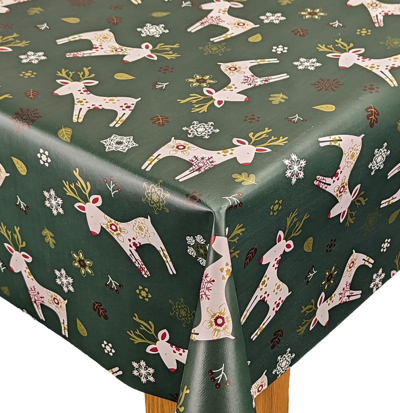 Christmas Scandi Reindeer Green Vinyl Oilcloth Tablecloth