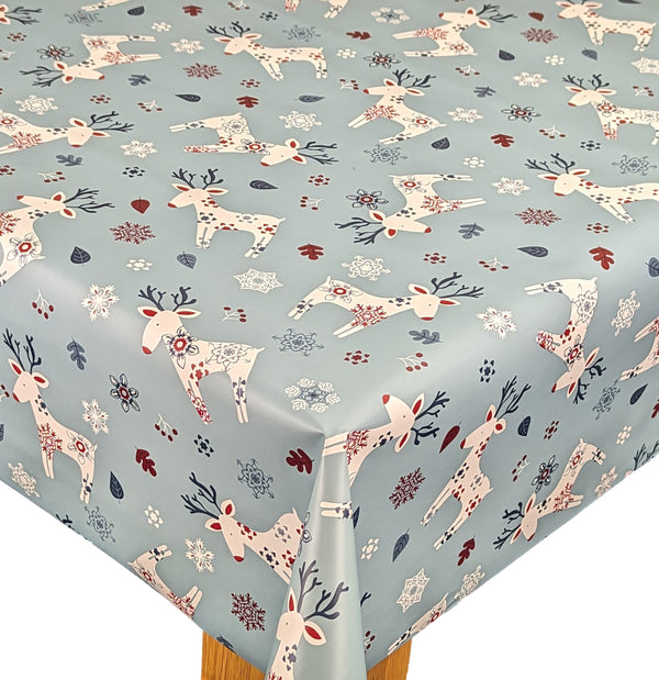 Christmas Scandi Reindeer Blue Vinyl Oilcloth Tablecloth