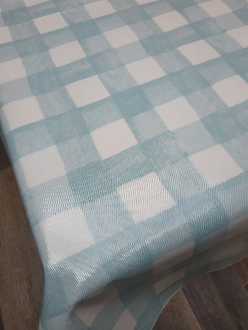 Georgie Rustic Check Duckegg Oilcloth Tablecloth 125cm x 132cm - Warehouse Clearance