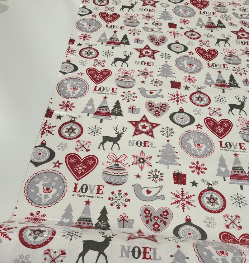 Love at Christmas Red Grey Oilcloth Table Cloth 200cm x 132cm    - Warehouse Clearance