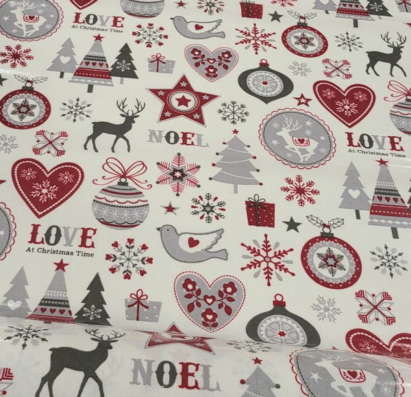 Love at Christmas Red Grey Oilcloth Table Cloth 200cm x 132cm    - Warehouse Clearance