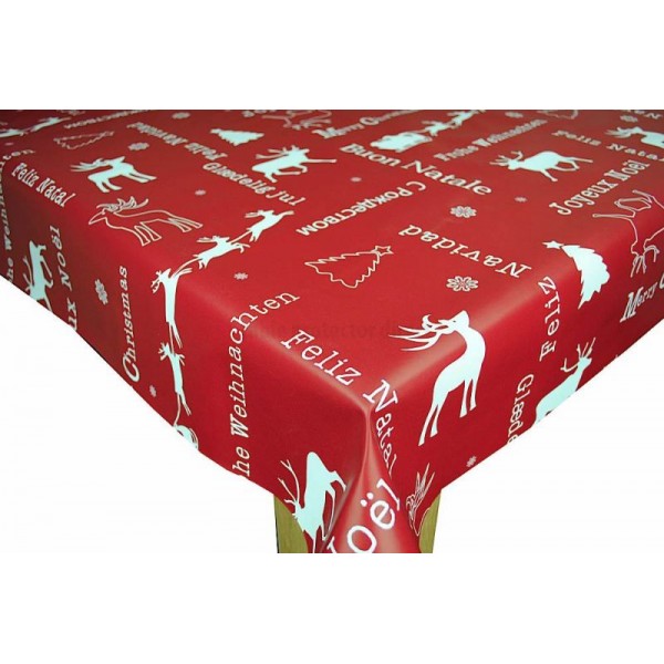 Noel Red Christmas Vinyl Oilcloth Tablecloth 160cm x 140cm   - Warehouse Clearance