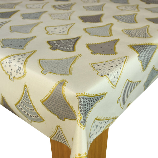 Christmas Trees Silver Grey and Gold Vinyl Tablecloth Roll 20 Metres x 140cm