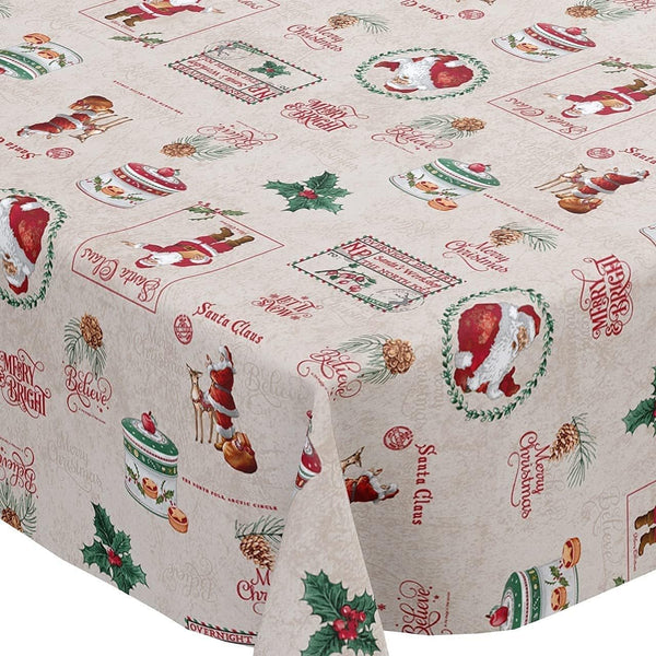 Santa Claus Cream Christmas Vinyl Oilcloth Tablecloth 200cm x 140cm   - Warehouse Clearance