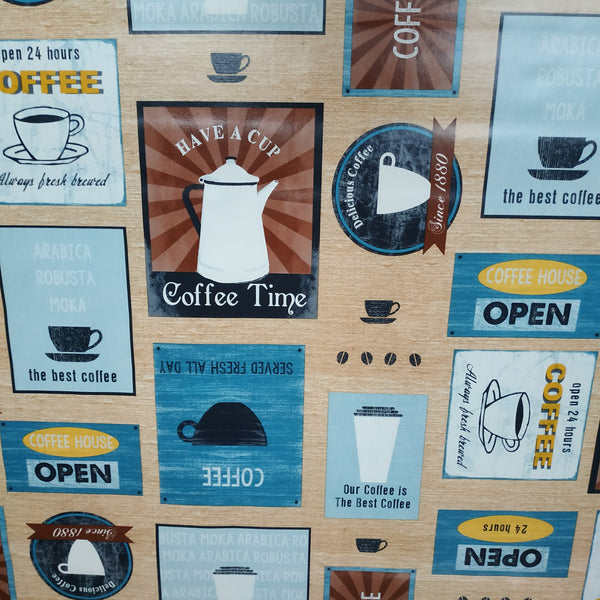 Coffee Time Diner Blue PVC Vinyl Tablecloth Roll 20 Metres x 140cm