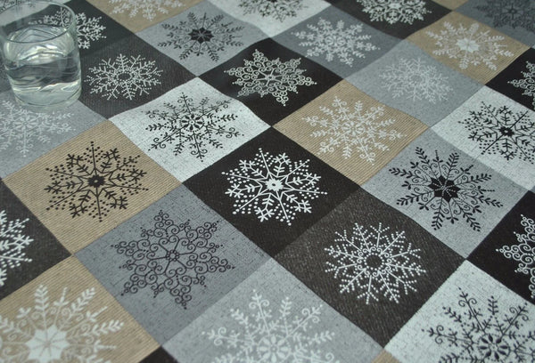 Crystal Silver Grey and Taupe Snowflake Squares Christmas Vinyl Oilcloth Tablecloth