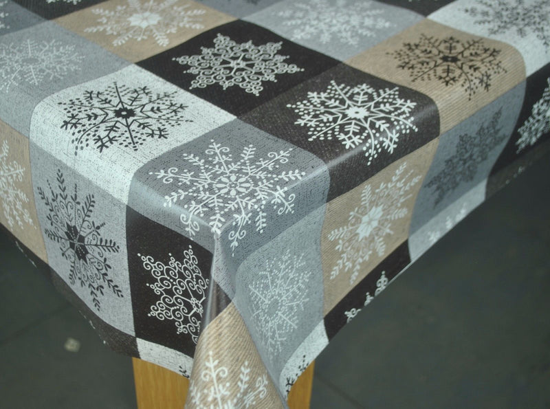Crystal Silver Grey and Taupe Snowflake Squares Christmas Vinyl Oilcloth Tablecloth