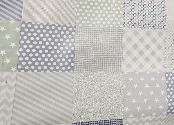 Grey Taupe Duckegg Green Stars Stripes Spots Patchwork PVC Vinyl Tablecloth 20 metres x 140cm