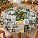 Christmas Village Green and Gold PVC Vinyl Oilcloth Tablecloth