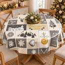 Christmas Village Grey and Gold PVC Vinyl Oilcloth Tablecloth