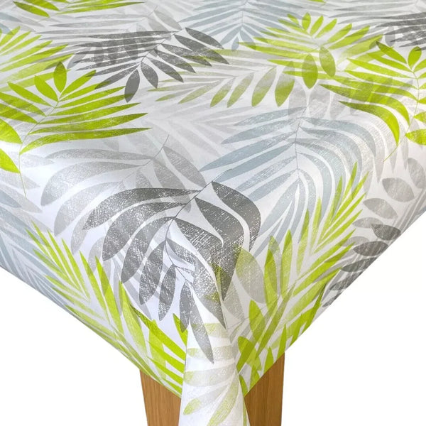 Exotic Leaves Grey and Green PVC Vinyl Wipe Clean Tablecloth ROUND 138cm- Warehouse Clearance