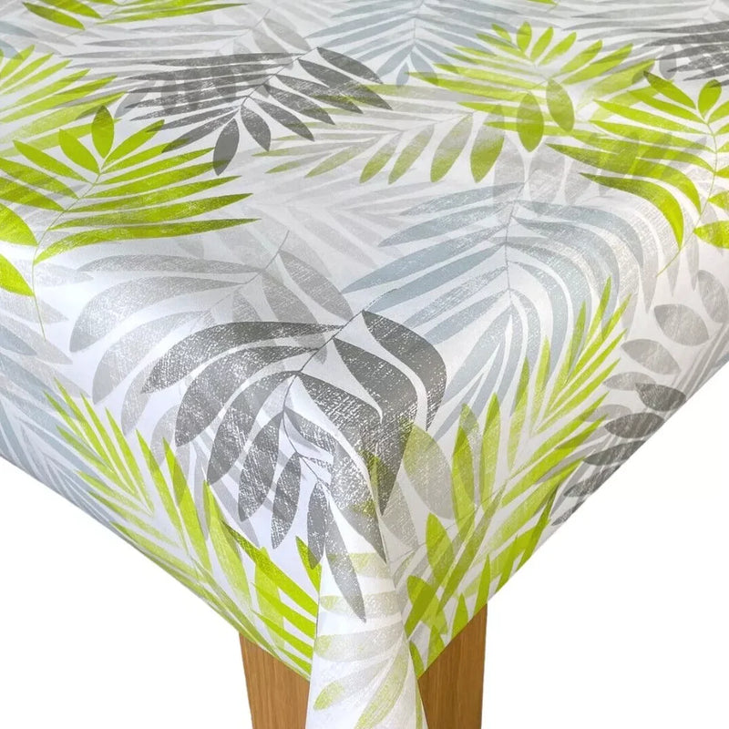 Exotic Leaves Grey and Green PVC Vinyl Wipe Clean Tablecloth ROUND 138cm- Warehouse Clearance