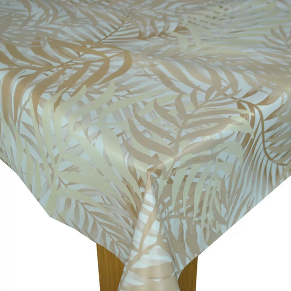 Exotic Palm Leaves Beige and Taupe PVC Vinyl Wipe Clean Tablecloth  140cm x 140cm Warehouse Clearance