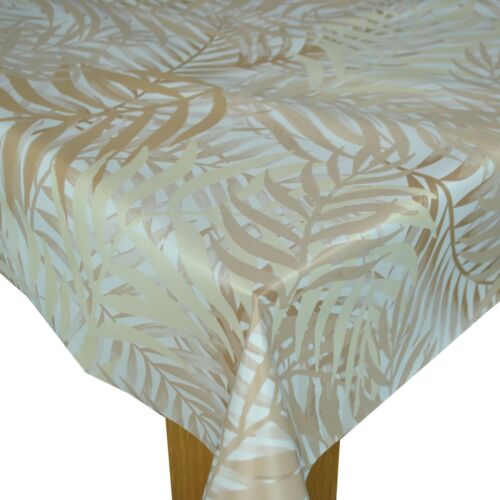 Round Wipe Clean Tablecloth Vinyl PVC 140cm Exotic Leaves Taupe