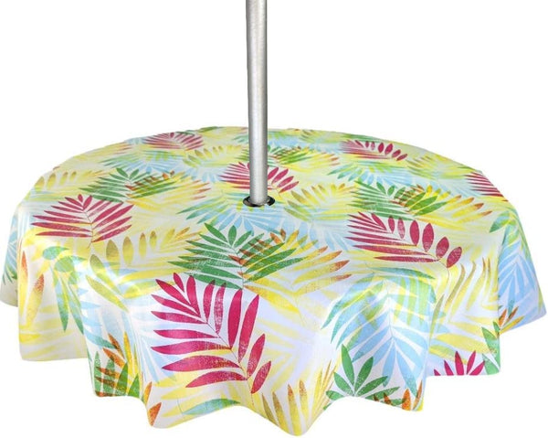 Exotic Palm Leaves Bright Multi with PARASOL PVC Vinyl Wipe Clean Tablecloth ROUND 138cm Warehouse Clearance