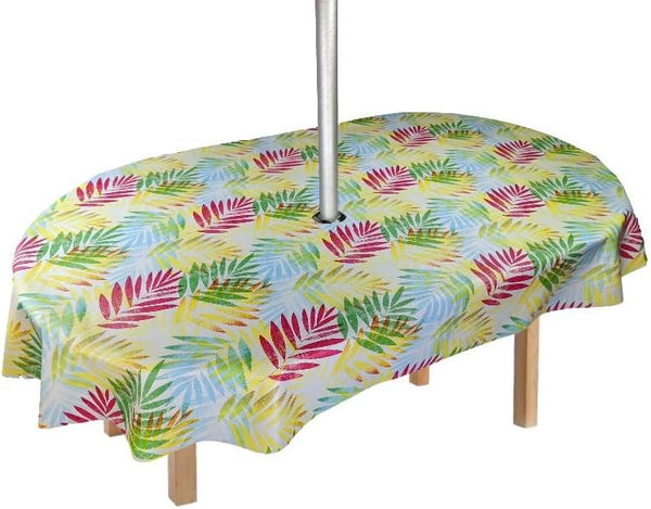 Exotic Palm Leaves Bright Multi with PARASOL PVC Vinyl Wipe Clean Tablecloth OVAL 200cm x 140cm Warehouse Clearance