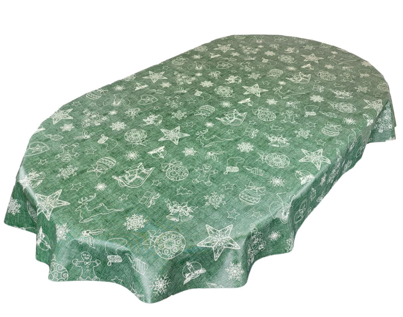 Festive Green  Linen Look Christmas Vinyl Oilcloth Tablecloth