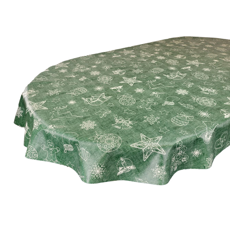 Oval Christmas Festive Green Wipe Clean PVC Vinyl Tablecloth 180cm x 140cm