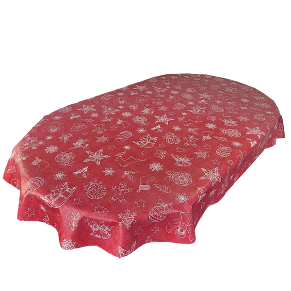 Oval Christmas Festive Red Wipe Clean PVC Vinyl Tablecloth 180cm x 140cm