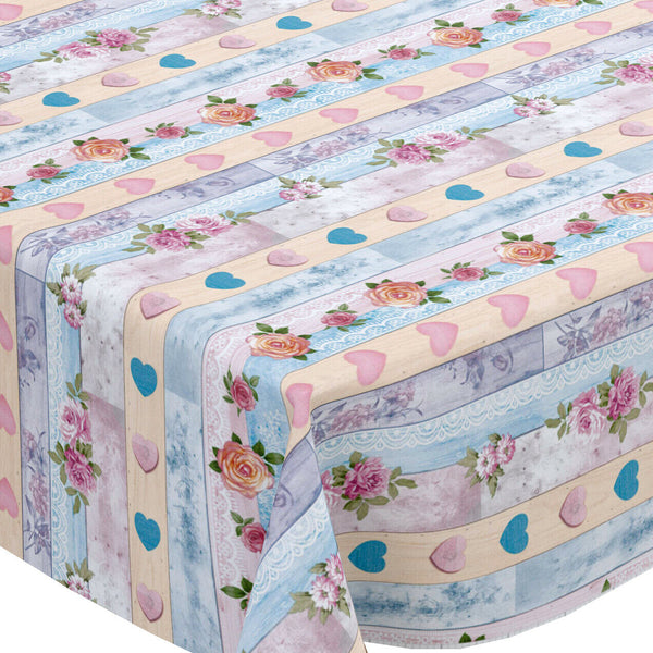 Floral Pastel Heart Stripes  PVC Vinyl Tablecloth Roll 20 Metres x 140cm