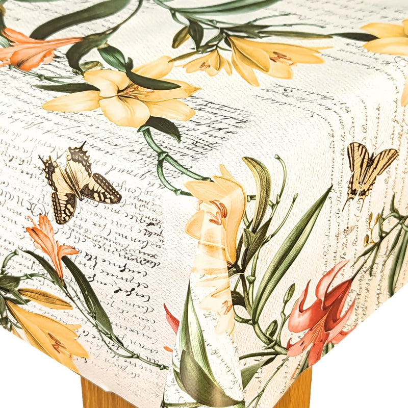 Floral Script Beige Multi  PVC Vinyl Wipe Clean Tablecloth 160cm x 140cm Warehouse Clearance