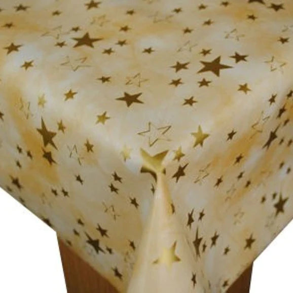 Christmas Gold Stars on Creams Vinyl Oilcloth Tablecloth 110cm x 140cm   - Warehouse Clearance