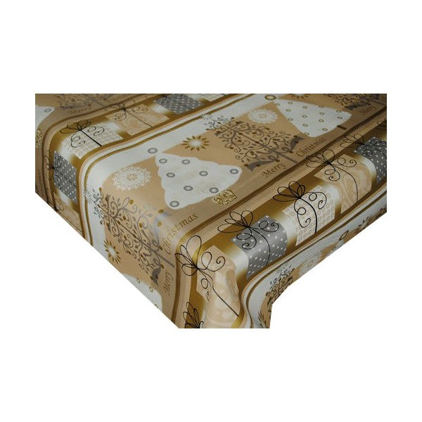 Gold with Gifts Vinyl Oilcloth Table Cloth 150cm x 140cm   - Warehouse Clearance