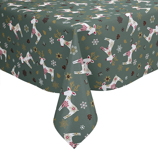 Oval Scandi Reindeer Green Wipe Clean PVC Vinyl Tablecloth 200cm x 140cm