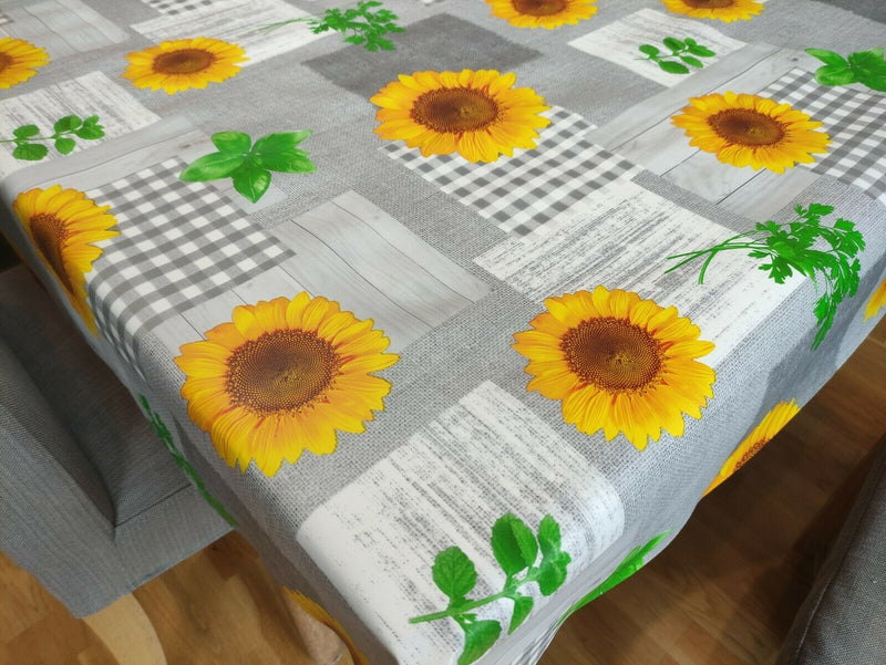 Sunflowers Grey and Yellow Vinyl Oilcloth Tablecloth 180cm x 140cm  - Warehouse Clearance