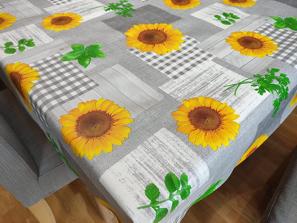 Grey and Yellow Sunflower PVC Vinyl Wipe Clean Tablecloth 110cm x 140cm Warehouse Clearance
