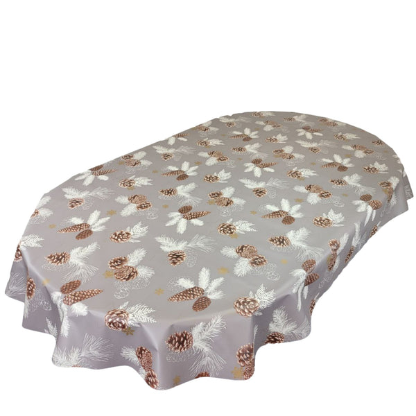 Oval Christmas Pine Cones Grey Brown Wipe Clean PVC Vinyl Tablecloth 300cm x 140cm