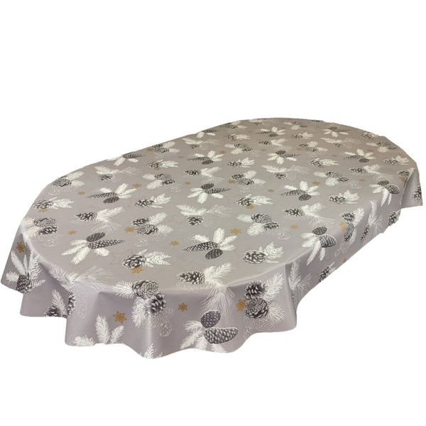 Oval Christmas Pine Cones Grey Wipe Clean PVC Vinyl Tablecloth 250cm x 140cm