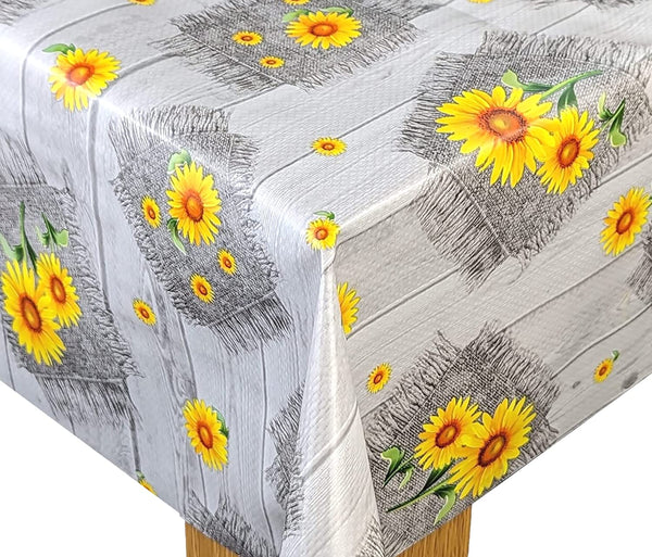 Sunflowers on Hessian Grey Wood Design Vinyl Oilcloth Tablecloth
