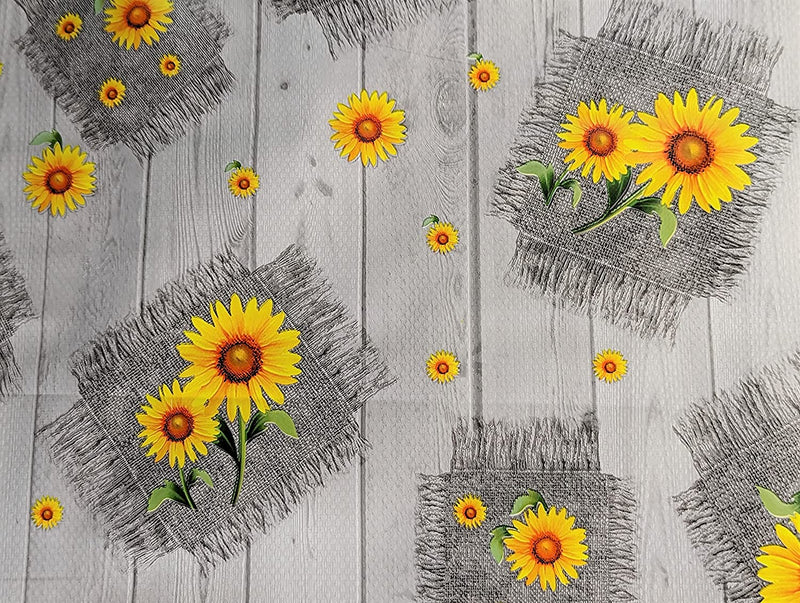 Sunflowers on Hessian Grey Wood Design Vinyl Oilcloth Tablecloth