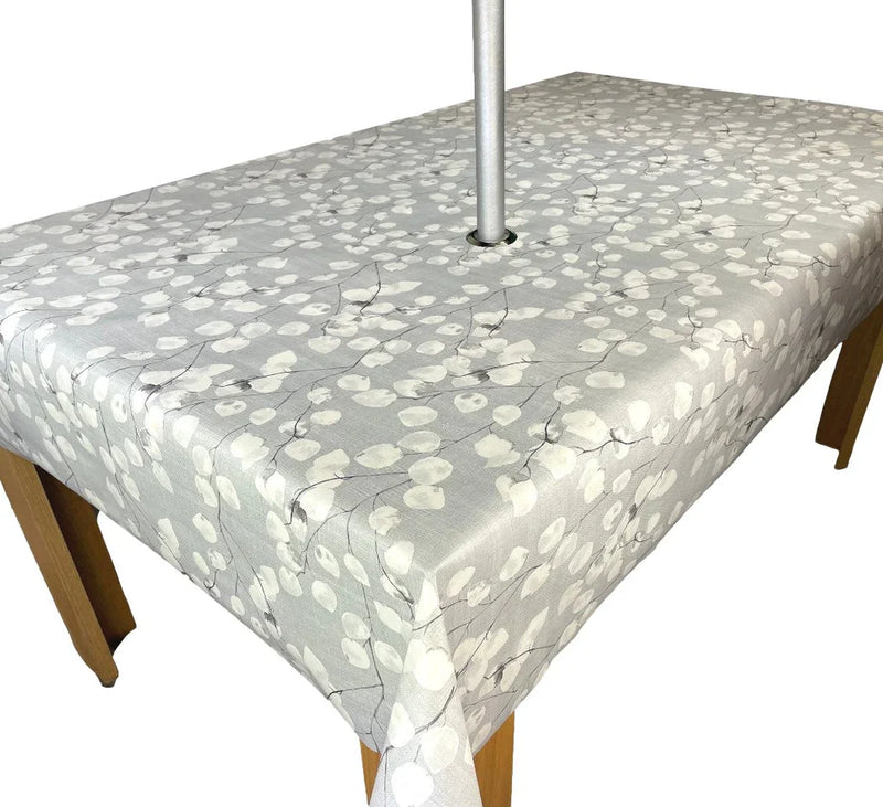 Honesty Grey PVC Vinyl Wipe Clean Tablecloth with PARASOL Hole 140cm x 140cm Warehouse Clearance