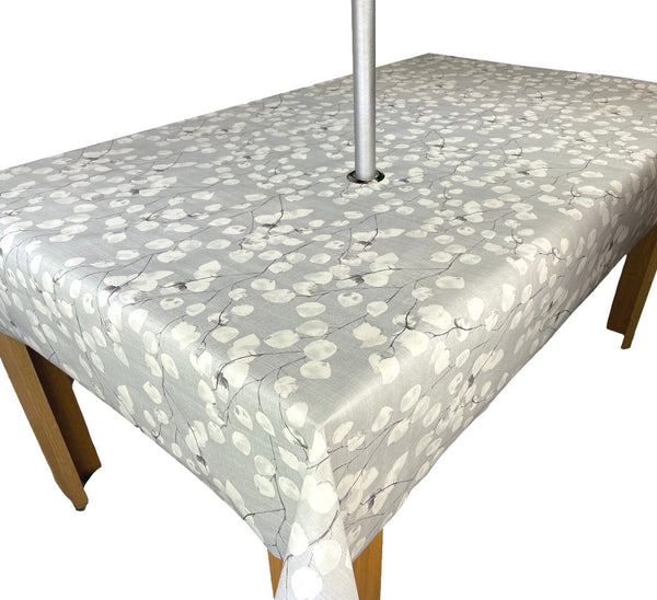 Honesty Grey Floral Leaf Tablecloth with Parasol Hole Wipe Clean Tablecloth Vinyl PVC 140cm x 140cm
