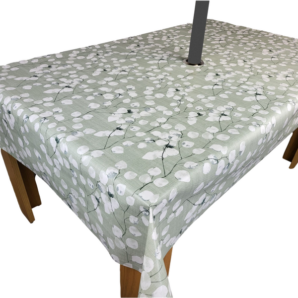 Honesty Sage Green PVC Vinyl Wipe Clean Tablecloth with PARASOL hole 140cm x 300cm Warehouse Clearance