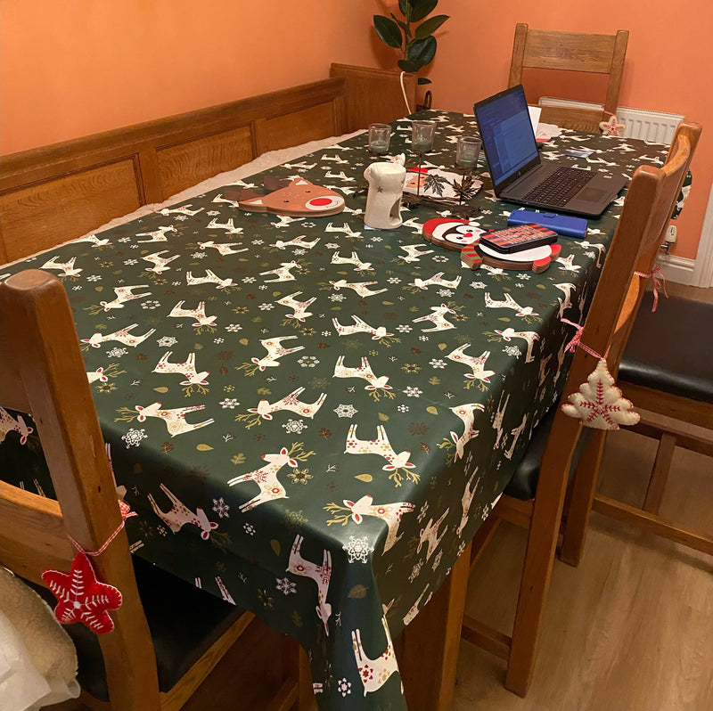 Christmas Scandi Reindeer Green Vinyl Oilcloth Tablecloth